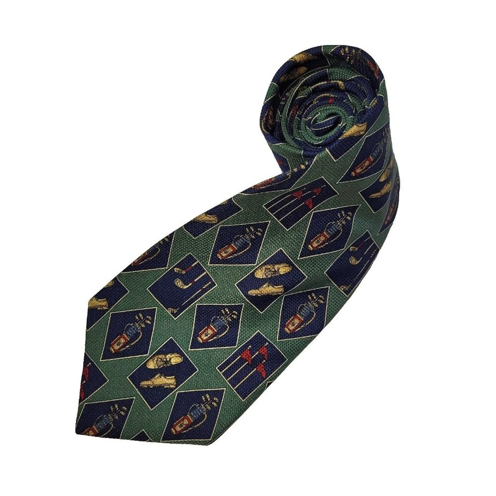 Tommy Hilfiger Tie Mens Necktie Green Golf Theme Silk Handmade In USA‎ Preppy